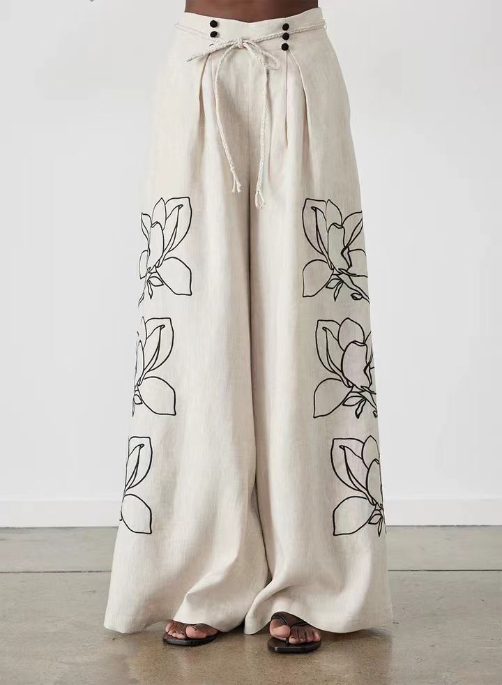 Women's Clothing Fashion Cotton and Linen Printed Wide Leg Pants Set 2024 Spring and Summer New Products_desvips.com