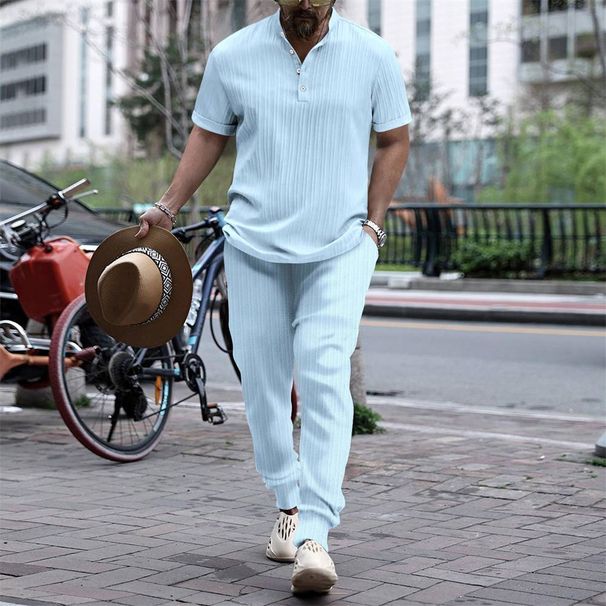 Summer 2025 European-Amecian Style Fashion Men's Stand Collar Short Sleeve T-Shirt + Long Pants 2 Piece Casual Sets S-3XL_desvips.com