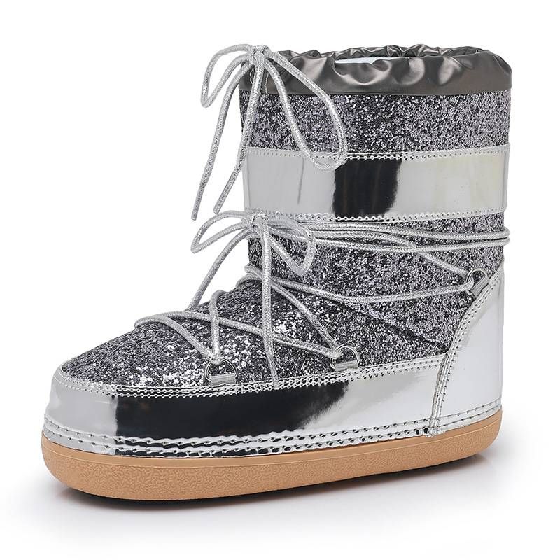 Glitter Snow Boots For Women - Winter Low-Cut Slip-On Shoes With Thick Rubber Sole & Faux Fur Lining - Fashionable Ski Boots For Cold Weather_desvips.com