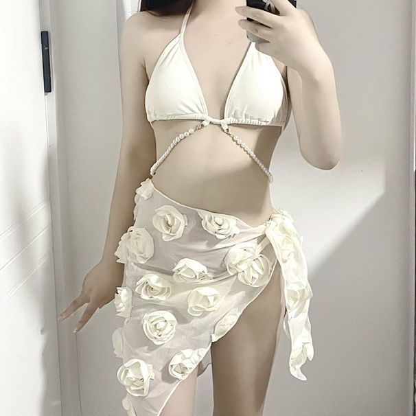White Lace Bikini Set With Pearl & Rose Embroidery - Vintage Inspired Sexy Swimwear (Handmade Crochet Cover-Up High Waisted Boho Beach Coverup)_desvips.com