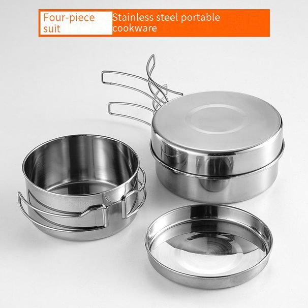 Stainless Steel Camping Cookware Set 4-Piece Portable Outdoor Cooking Kit Includes Pot Pan Lid Compact Lightweight_desvips.com