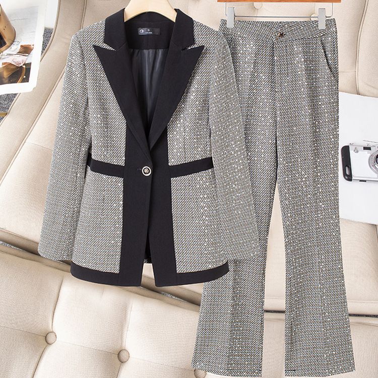 Women's Clothing high-end slim slimming heavy work sequins professional Plaid color matching suit_desvips.com