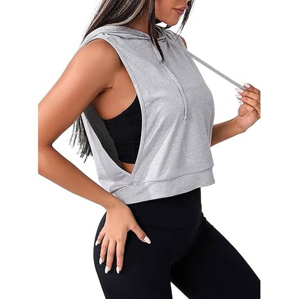 Women's Sleeveless Hoodie Cardigan Side Sweatshirt Short Tank Top_desvips.com