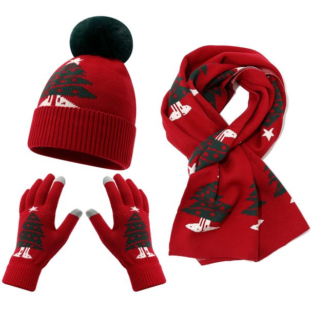 Christmas Knit Hat Scarf Gloves Set For Women & Kids - Warm Winter Accessories With Festive Design - Red/White/Green_desvips.com