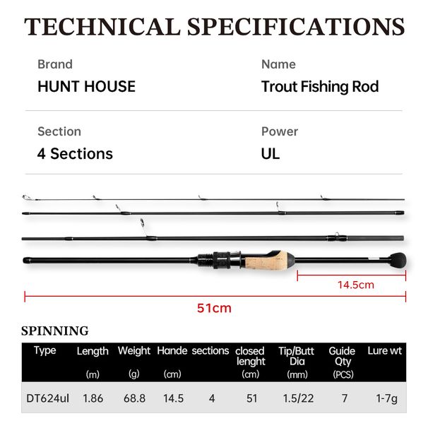 Hunthouse Spinning Ultra Light Trave 4Sections Trout Fishing Rod Lure WT 1-7g 1.86m Carbon Fiber Freshwater Pike Fish_desvips.com