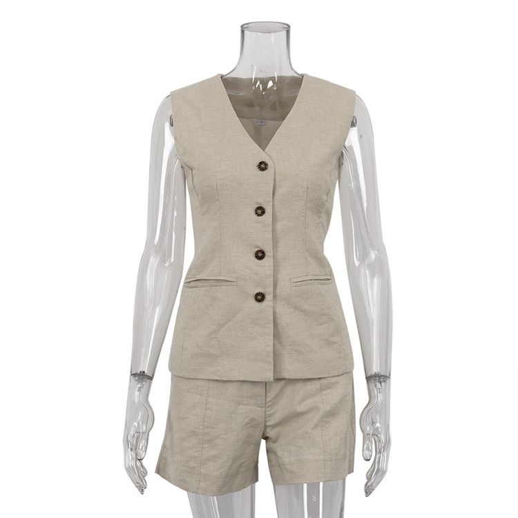 Women's Clothing ins style cotton and linen suit sleeveless vest suit summer women's casual shorts two-piece set_desvips.com