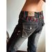 Low Rise Denim Jeans For Women, Vintage Distressed Pants With Red Lacing & Metal Studs, Straight Leg Streetwear Trousers For Daily & Outings Jeans _desvips.com