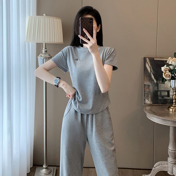 Gray Sports Suit Women Summer Casual Fashion Short Sleeve Waist Top Straight Wide-Leg Pants Two-Piece Set_desvips.com