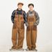Japanese Style Pure Cotton Suspender Retro Orange Brown Color Block Unisex Overalls Men And Women Couple Loose Straight_desvips.com