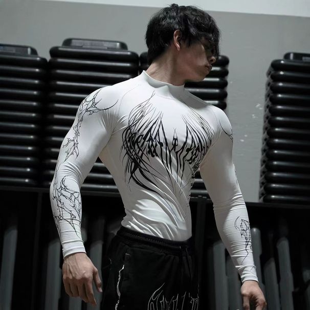 Breathedivinity High Neck Printed Bodysuit For Men, Sports & Fitness, Long Sleeved Quick Drying Breathable Top_desvips.com