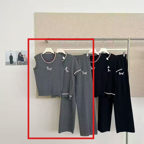 Summer College Style Color Block Short Sleeve Knitted Cardigan Sleeveless Round Neck Slim Fit Long Pants Three-Piece Set_desvips.com