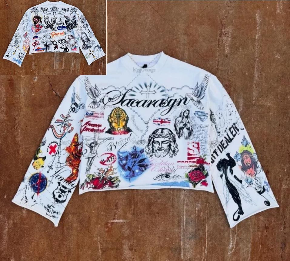Graffiti Eagle Print Long Sleeve Loose Hip-Hop T-Shirt Trendy Brand Series Crew Neck Hot Sale_desvips.com