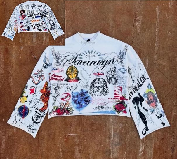 Graffiti Eagle Print Long Sleeve Loose Hip-Hop T-Shirt Trendy Brand Series Crew Neck Hot Sale_desvips.com