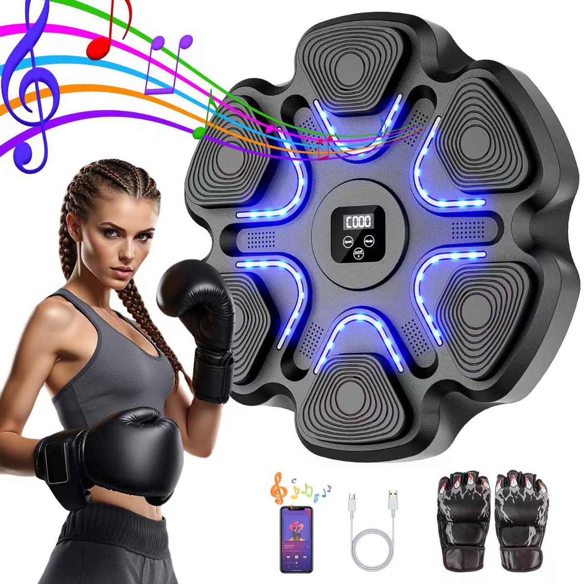 Music Boxing Machine For Kids And Adults, Wall Mounted Bluetooth Punching Trainer With Boxing Gloves, Intelligent LED Boxing Target Workout Machine_desvips.com