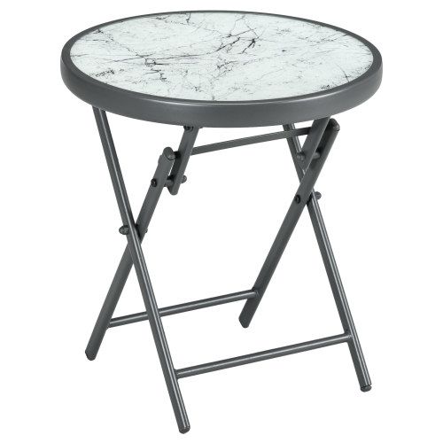 Beistelltisch Klappbar, Klapptisch Aus Glas Mit Marmoroptik, Kleiner Campingtisch, Runder Sofatisch Balkontisch Für Balkon Terrasse Wohnzimmer Büro_desvips.com