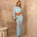 Women's perspective round neck high waist long sleeve waist hip skirt two-piece lace skirt_desvips.com