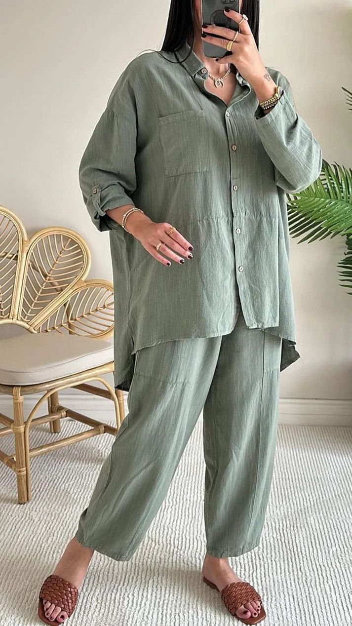 Women's Clothing 2 piece Set Large Size Cotton and Linen Shirt Set High Waist Loose Trousers_desvips.com