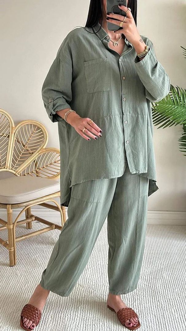 Women's Clothing 2 piece Set Large Size Cotton and Linen Shirt Set High Waist Loose Trousers_desvips.com