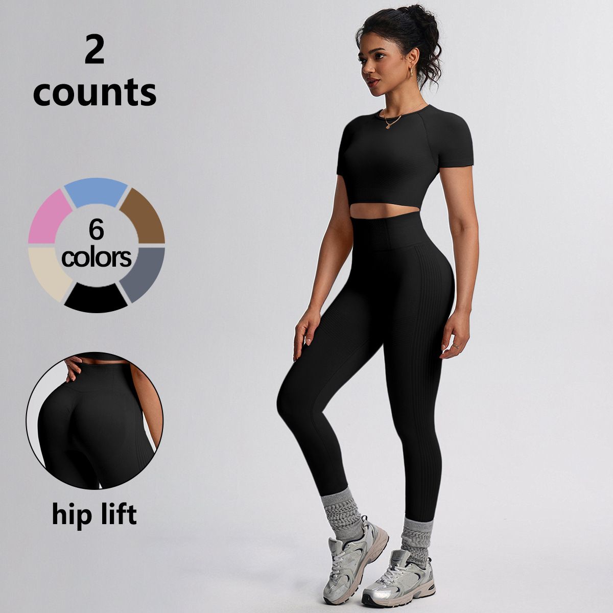 Women's Spring/Summer Seamless Yoga Suit Quick Drying Solid Color European American Style Short Sleeved Running Sports Fitness Two Piece Set_desvips.com