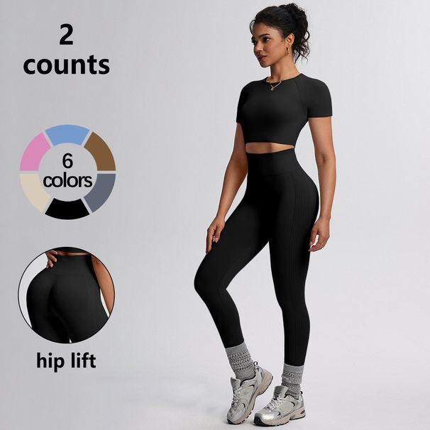Women's Spring/Summer Seamless Yoga Suit Quick Drying Solid Color European American Style Short Sleeved Running Sports Fitness Two Piece Set_desvips.com