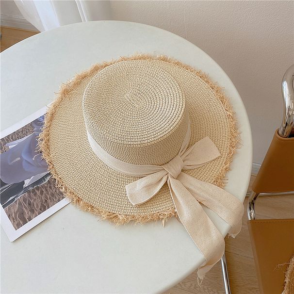 Japanese-style Versatile Frayed For Women, Summer Flat-top Vacation And Outing Straw Sun With Bow, Sun-shading Beach Hat_desvips.com