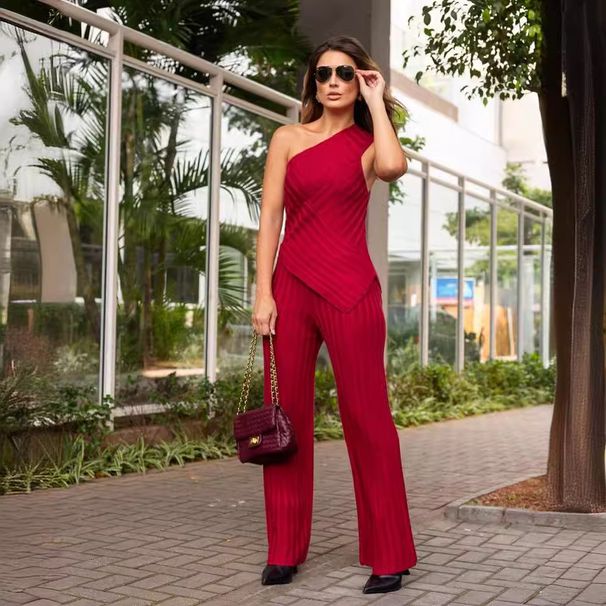 Women's solid color oblique collar striped elastic slim fit knitted sweater and pants suit for women_desvips.com