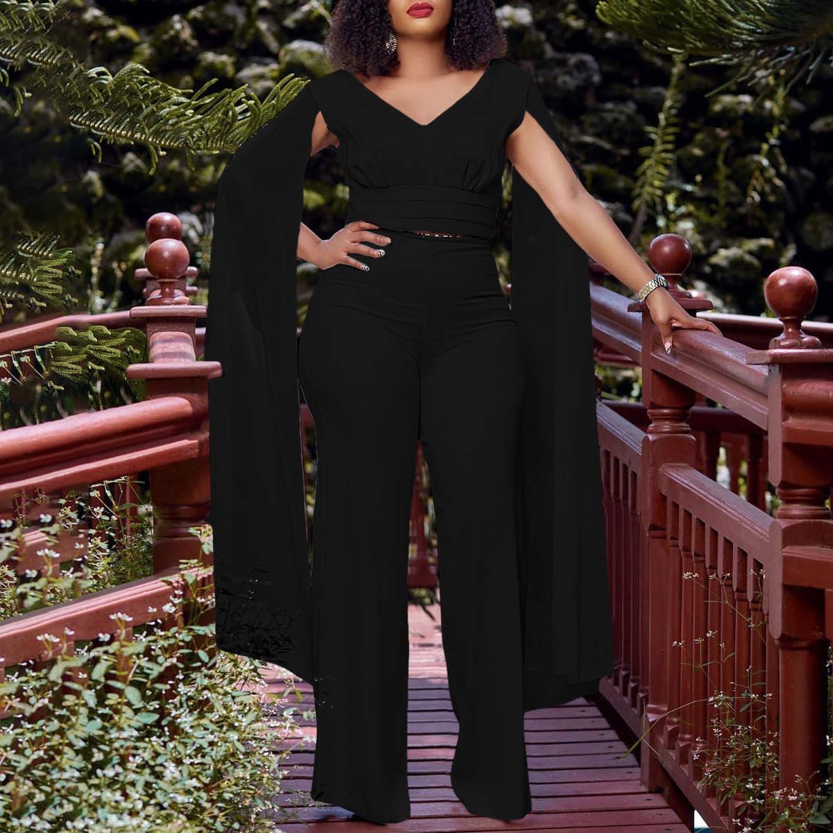 women's fashion solid color ribbon splicing short top wide-leg pants dress suit women_desvips.com