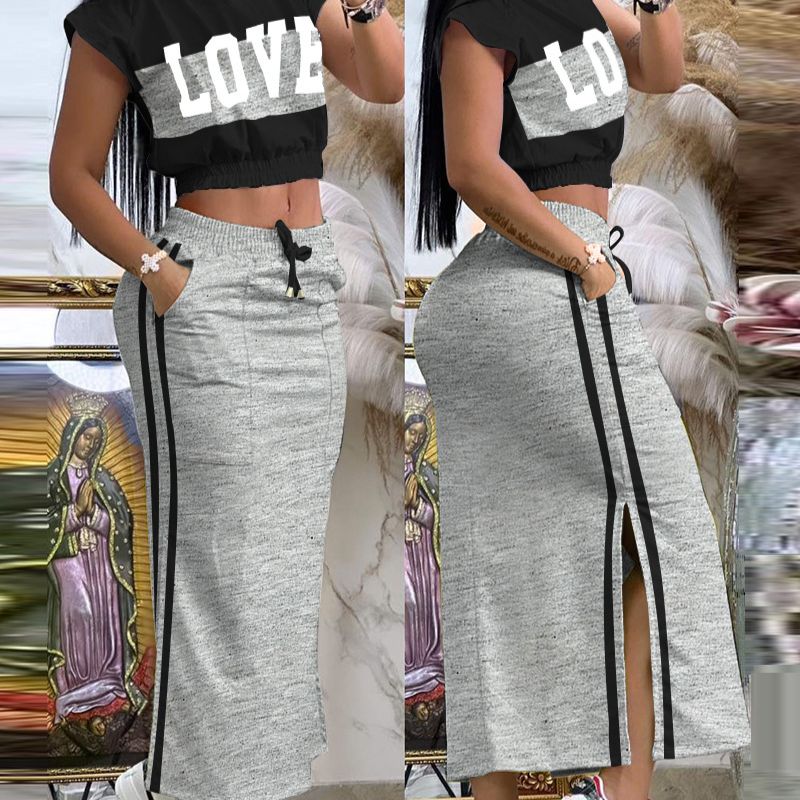 Women's Clothing elegant and contrasting color splicing printed tops casual strappy slit skirt suit_desvips.com