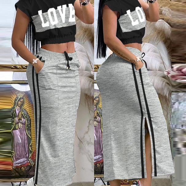 Women's Clothing elegant and contrasting color splicing printed tops casual strappy slit skirt suit_desvips.com