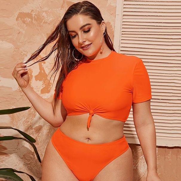 Women's Plus Size High Waist Swim Top - Solid Color Short Sleeve Swimwear, Tummy Control & Full Coverage_desvips.com