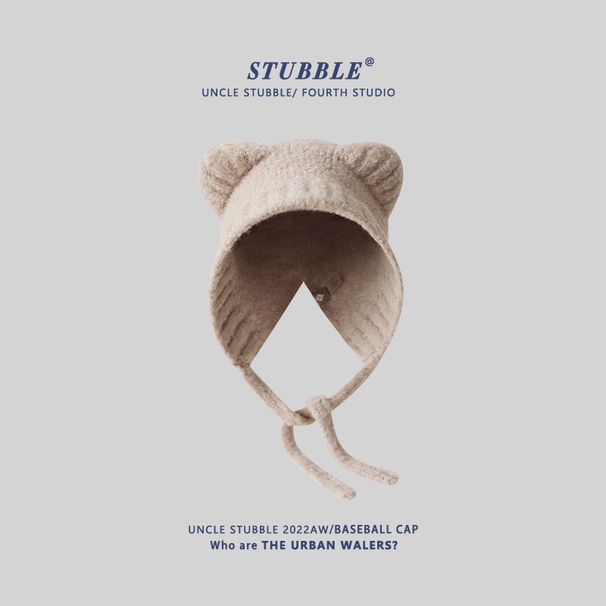 Factory Direct Internet Celebrity Hot Style Coffee Color Tie Bear Knitted Pullover Hat Head Big Make Face Look Smaller_desvips.com