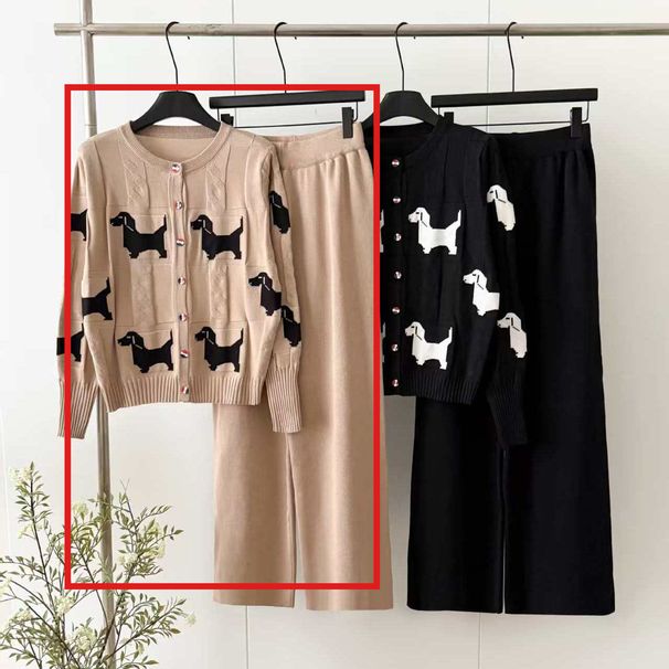 Cross-Border Puppy Jacquard Cardigan 2025 Autumn New Knitted College Style Versatile Jacket Top Wide-Leg Pants Set_desvips.com