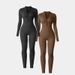 European Style Coarse Thread One-Piece Sports Yoga Suit For Women With Zipper, Stand Collar, Long Sleeves, Thumb Holes,_desvips.com