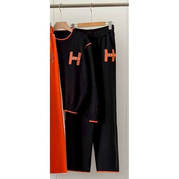 2025 Fashion Knitted Loose Jacket Letter Korean Round Neck Sleeve Top Long Pants Wasteland Style Two-Piece Set_desvips.com