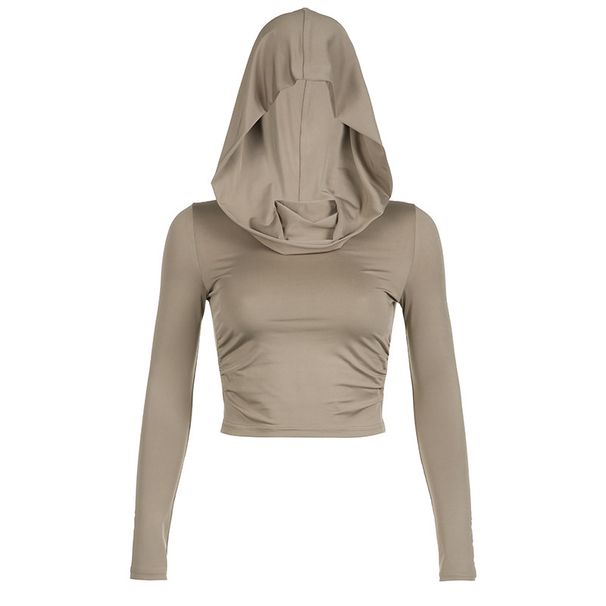 European And American Street Style Wasteland Hooded Pile Collar Ruched T-Shirt For Women Slim Fit Long Sleeve Crop Solid_desvips.com