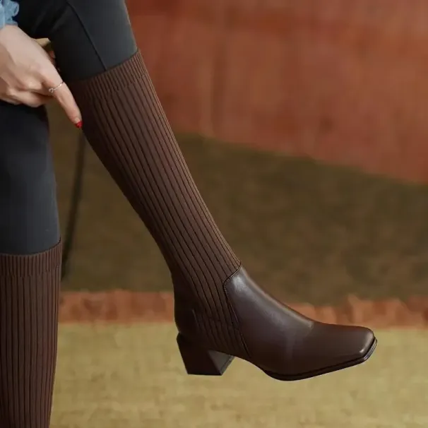 Knee Thick High Socks Winter Womens Long Boots Elegant Autumn Brown Wedge Elastic 241116_desvips.com
