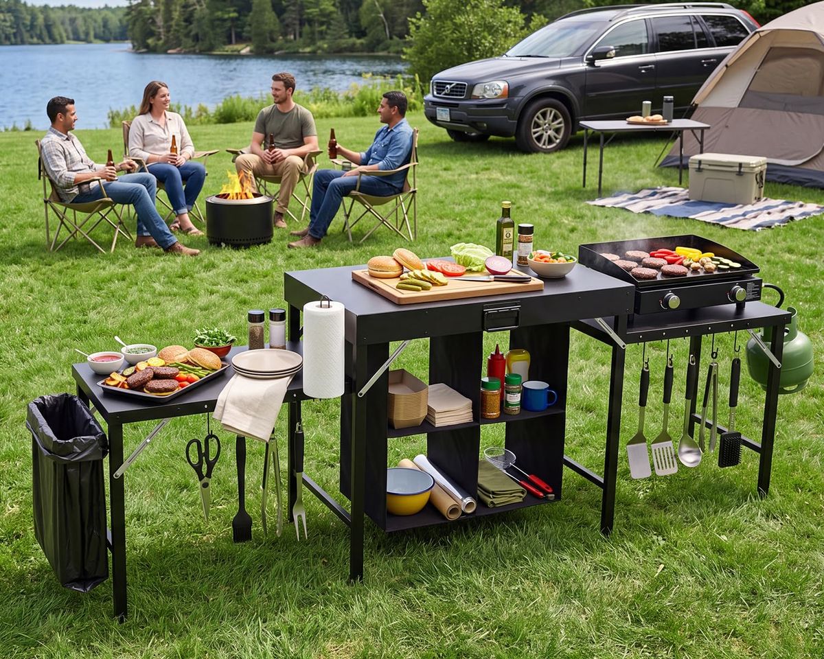 Folding Grill Table Portable Tri-Fold Outdoor BBQ Prep Station_desvips.com