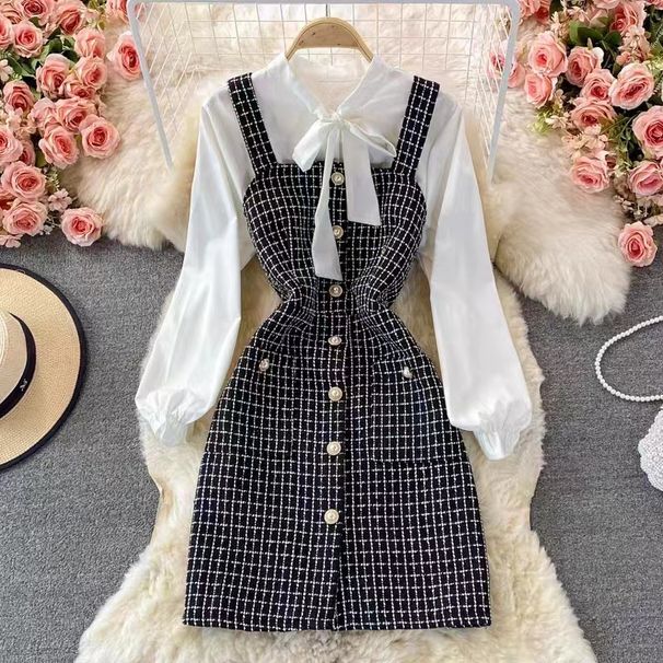 Women's temperament bow tie shirt two-piece suit tweed plaid suspender dress_desvips.com