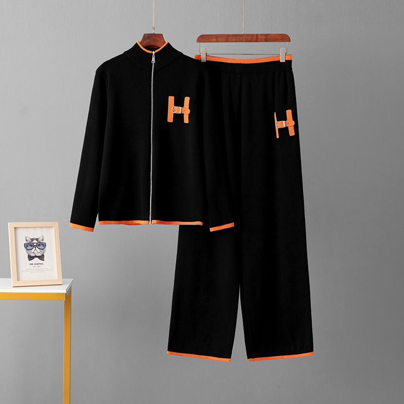 Cross-Border Russian Woolen Fashion Set Zipper Round Neck Top + Knitted Loose Casual Sports Pants Women_desvips.com