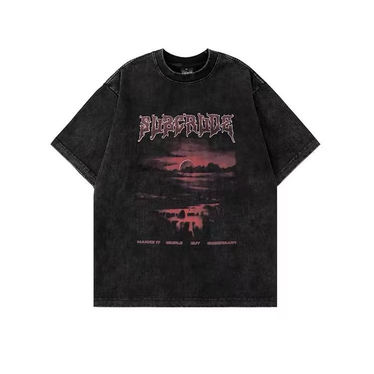 American High Street Sunset Vintage Short Sleeve Printed Trendy T Shirt For Men And Women Summer Hip Hop Oversize_desvips.com