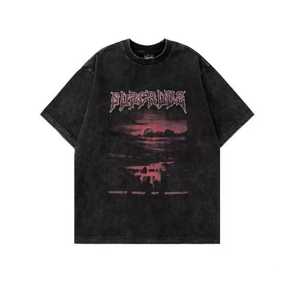 American High Street Sunset Vintage Short Sleeve Printed Trendy T Shirt For Men And Women Summer Hip Hop Oversize_desvips.com