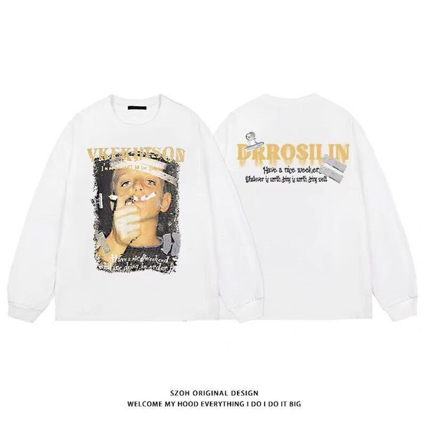 American Style Printed T-Shirt Loose Fit Men's Ins Trendy Brand Autumn Street Long Sleeve Handsome Top_desvips.com