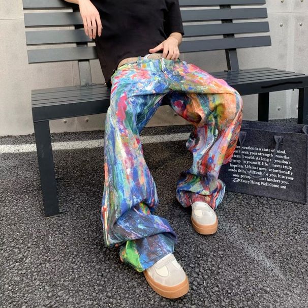 American-style Trendy Summer Splatter-paint Graffiti Jeans For Men, Loose Straight-leg Vintage Oil Painting Style_desvips.com