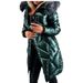Elegant Long Sleeve Faux Fur Trimmed PU Coat For Women - Slim Fit Winter Jacket With High Gloss Finish, Warm & Stylish (Black, Blue, Dark Green)_desvips.com