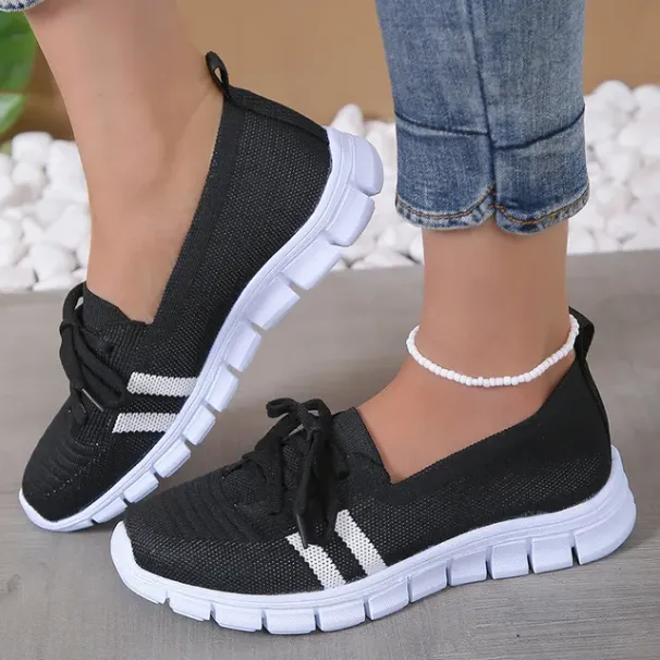 Mesh Knitted Striped Flats Shoes For Women 2024 Summer Lace Up Casual Sneakers Woman Breathable Soft Sole Loafers Plus_desvips.com
