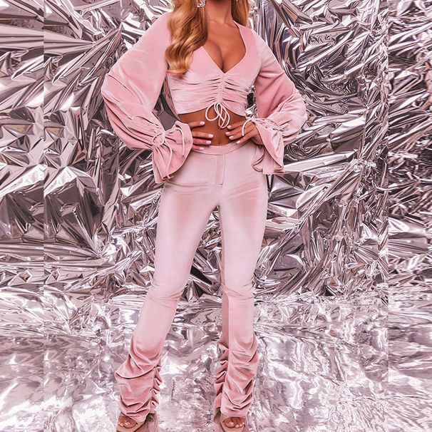 Women's Clothing autumn and winter sexy navel-baring long-sleeved top solid color micro-flared pants two-piece set_desvips.com