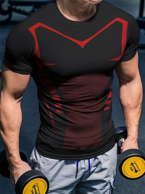 Men's Quick-Dry Workout T-Shirt, Slim Fit Breathable Gym Shirts With Graphic Print, Stretch Active Training Tee_desvips.com