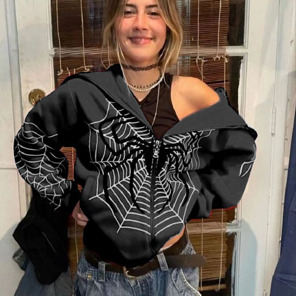 2023 Spider Web Zipper Sweater Women's Casual Fashion Hoodie Spring And Autumn Fleece American Coat_desvips.com