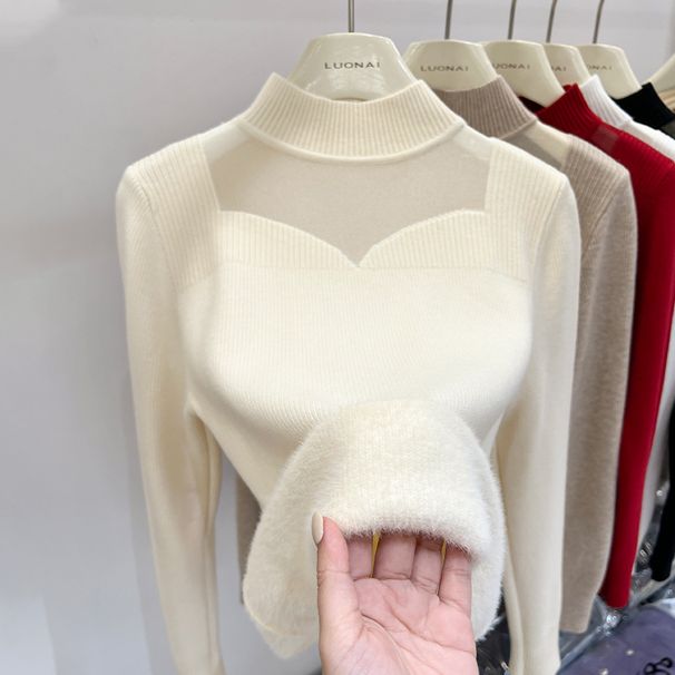 Women's Fleece-Lined Knit Sweater Winter Thick Warm Pullover Semi-Turtleneck Long Sleeve Casual Solid Color_desvips.com