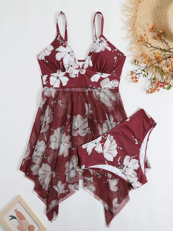 Plus Size Floral Cover-Up Dress - Women's Sexy Beach Swimsuit Cover (Adjustable Straps Flowy Skirt Tummy Control UPF 50+ Resort & Poolside)_desvips.com
